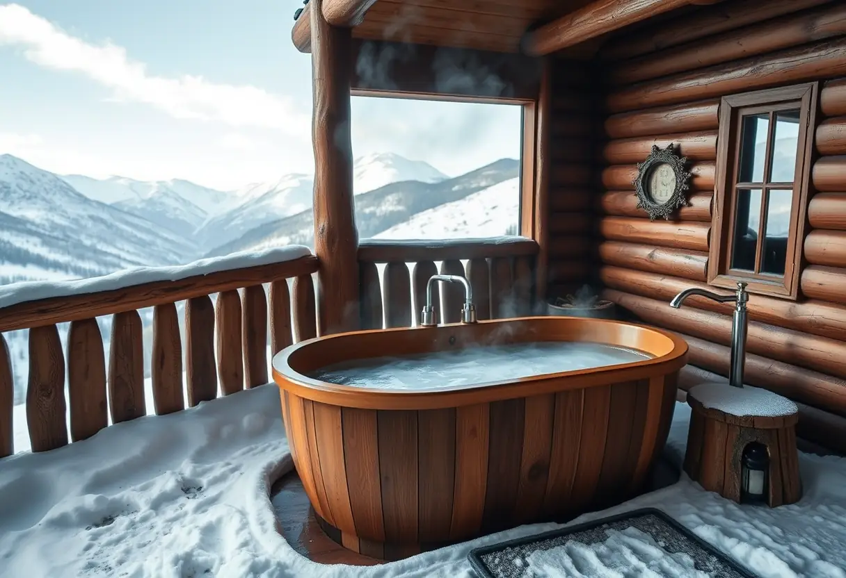 Une cabane dans les montagnes avec un baignoire en bois remplie d'eau chaude