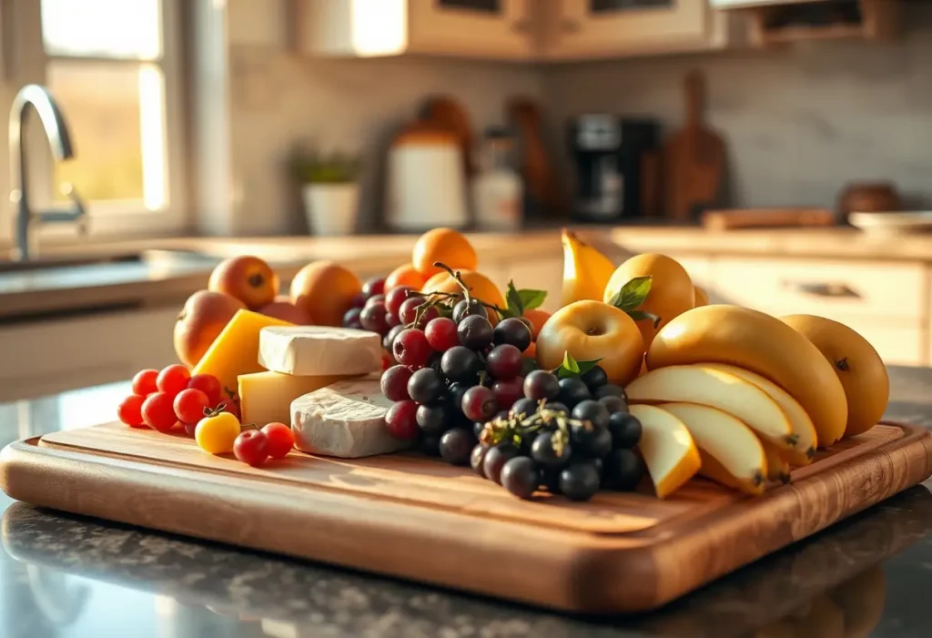 Un plan de travail dans la cuisine avec un plateau de fromages et de fruits frais disposés sur un grand plateau en bois.