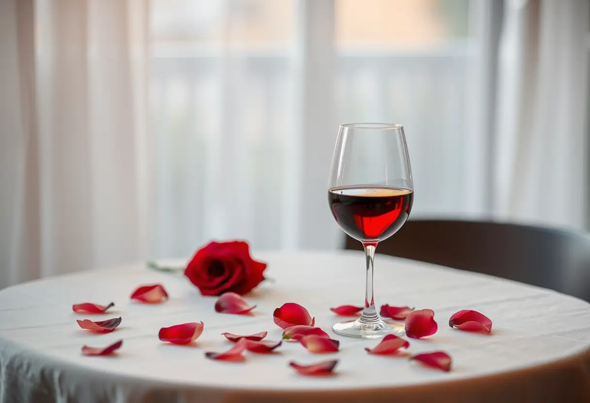 Tableau romantique avec des pétales de rose et deux verres de vin rouge