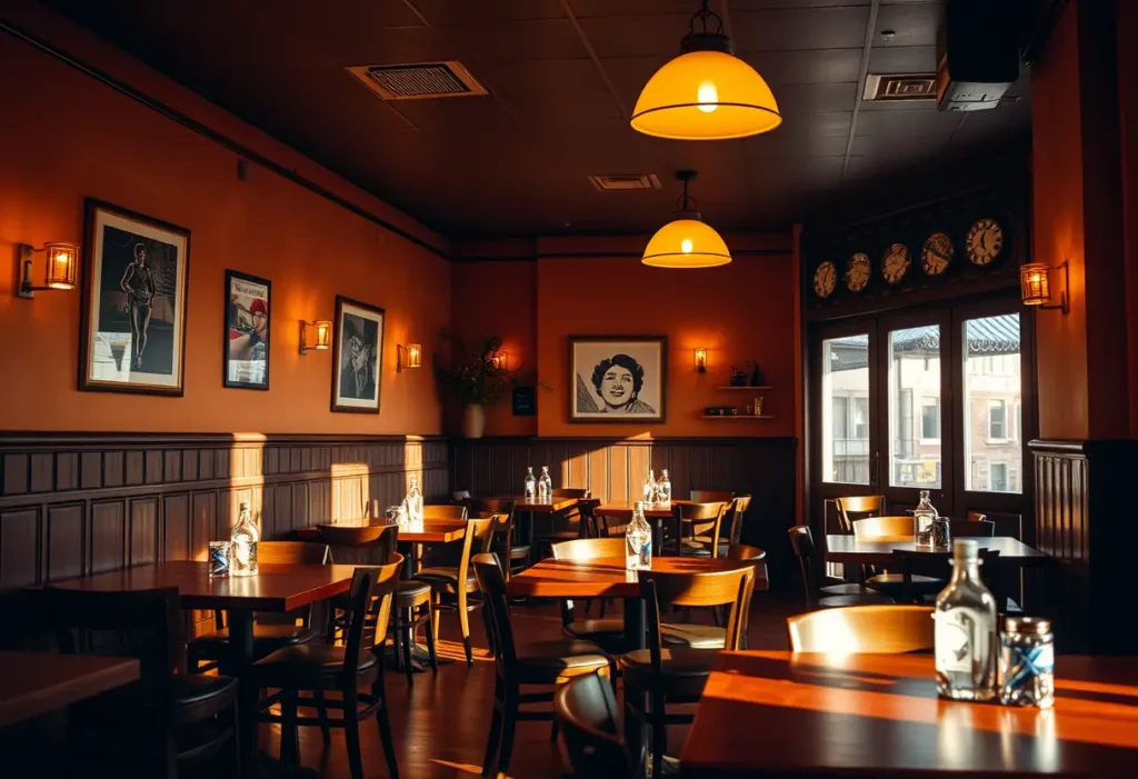 Intérieur accueillant d'un restaurant parisien, éclairé par une lumière chaude et dorée, propice aux dîners romantiques