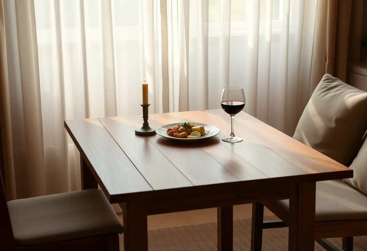 Une table dressée pour un repas solitaire, dans un coin calme de la maison