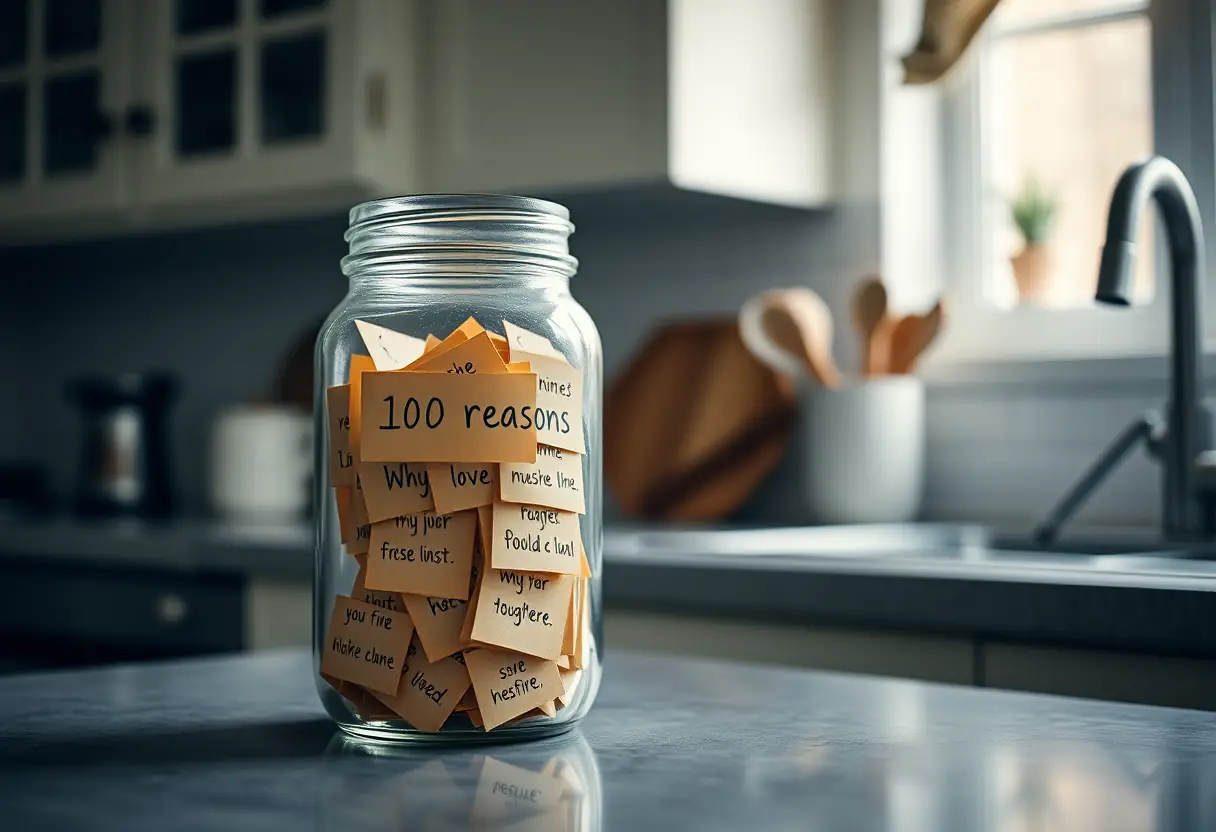 Un comptoir de cuisine avec une bouteille artisanale remplie de 100 raisons de l'aimer
