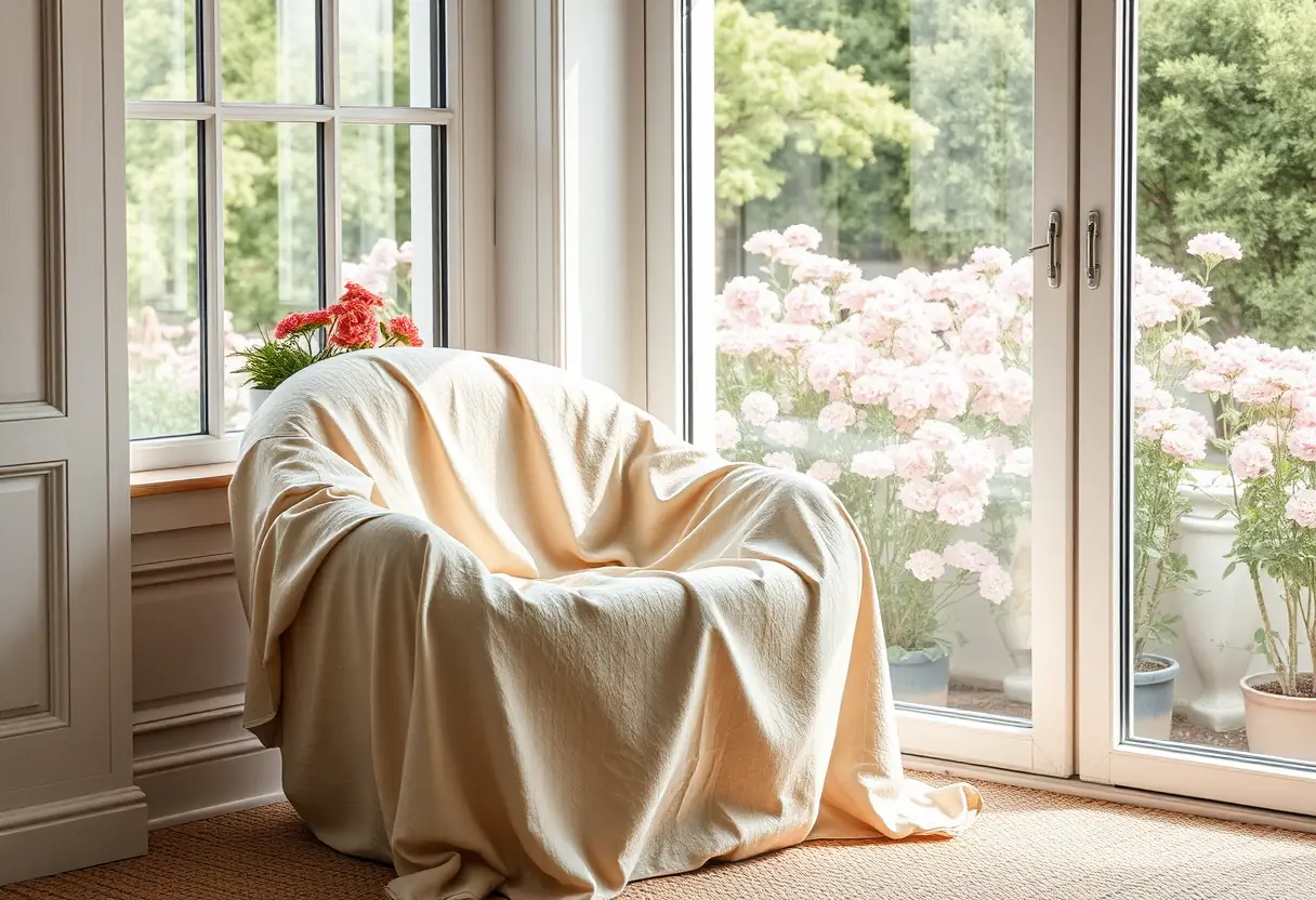 Fauteuil moelleux près d’une fenêtre donnant sur des fleurs en fleurissement, ambiance sereine