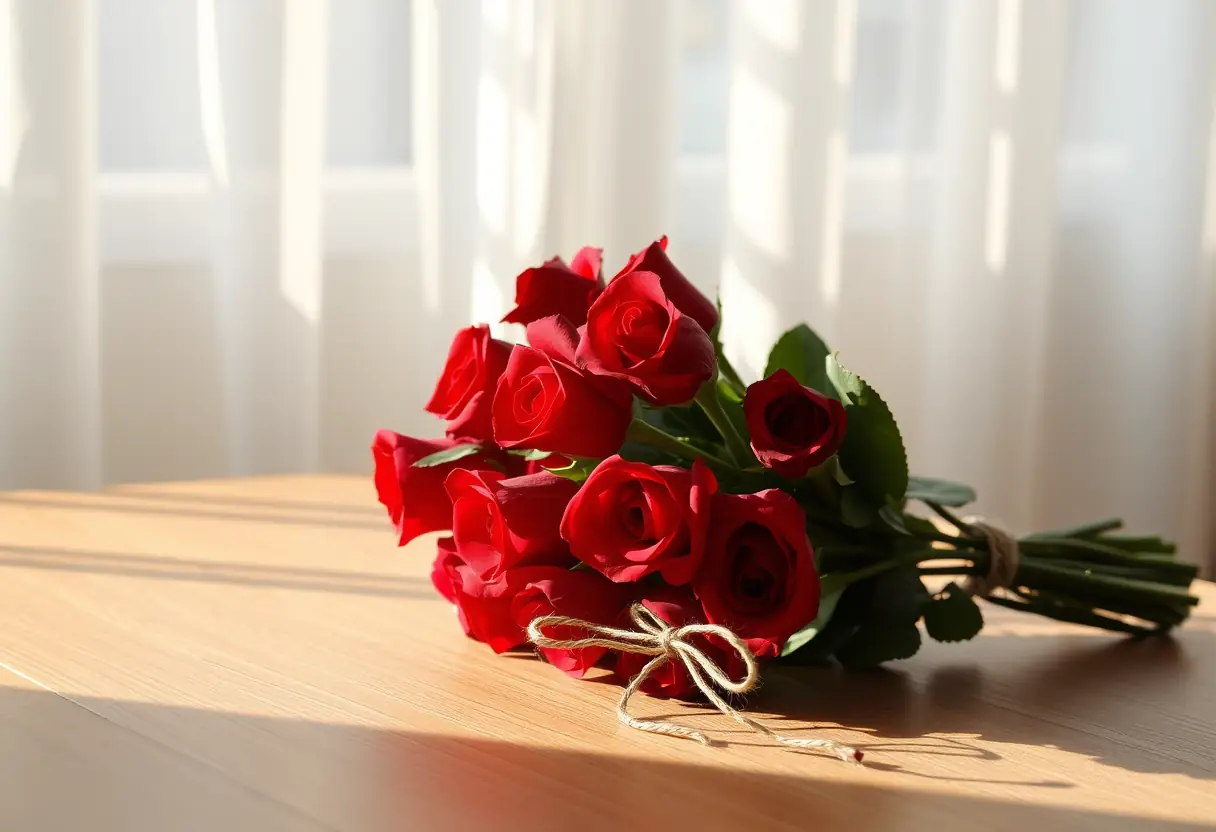 Un bouquet de roses rouges sur une table en bois éclairée par la lumière du soir