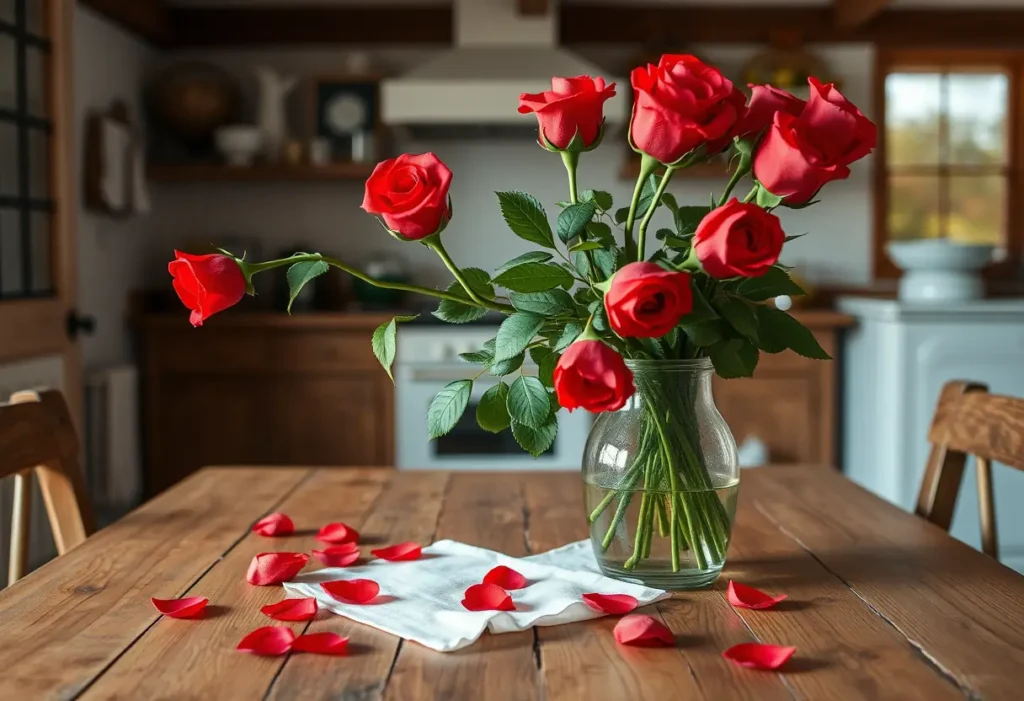 Table rustique avec un vase de roses rouges fraîches dans une cuisine chaleureuse