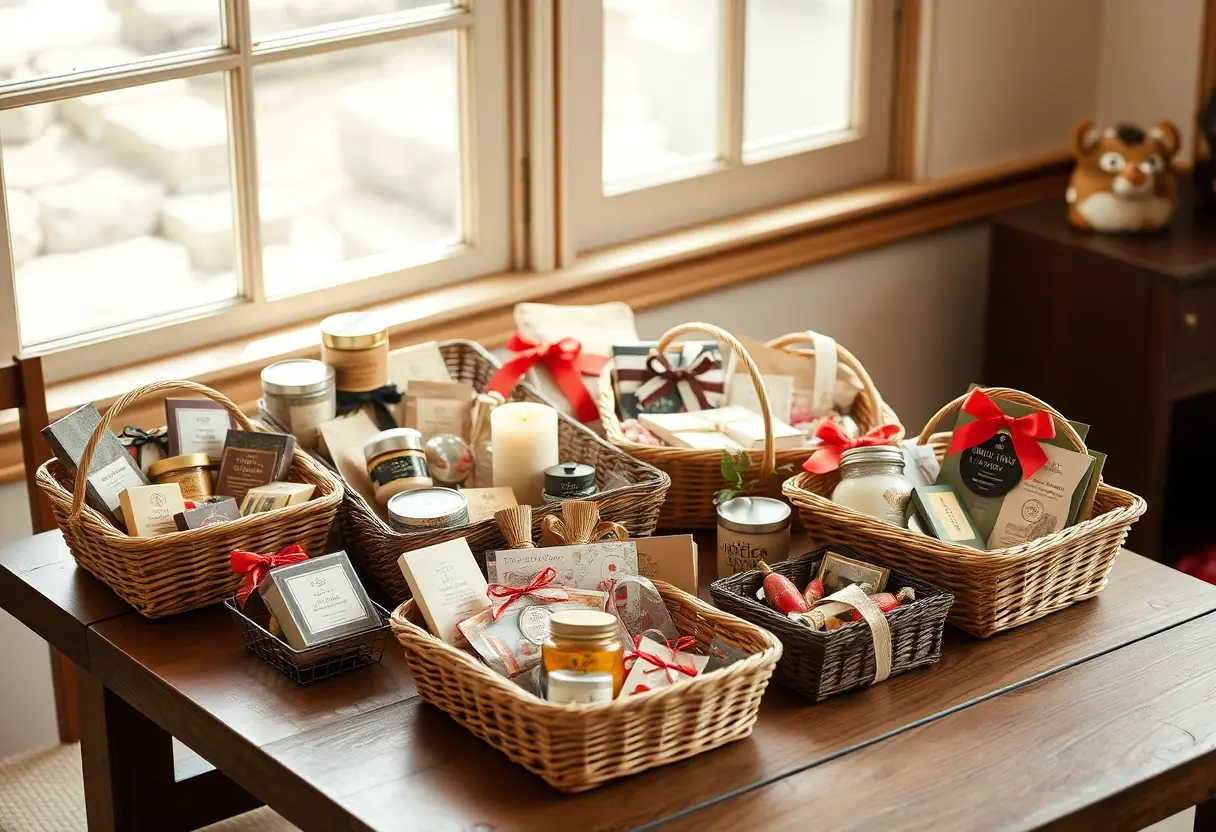Un buffet garni de paniers de présents variés pour la Saint-Valentin