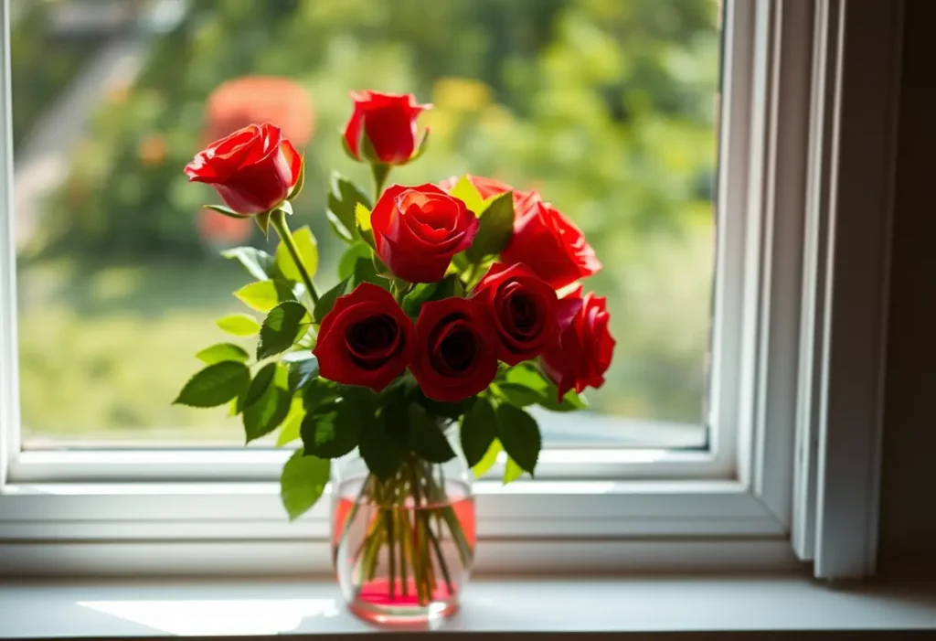 Un vase rempli de roses rouges sur un rebord de fenêtre baigné de lumière naturelle
