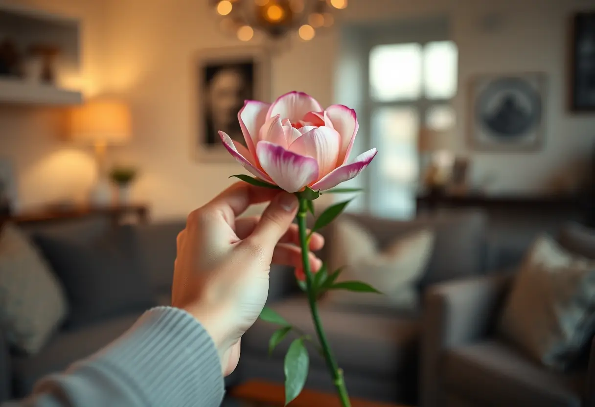 Une main arrange délicatement une pivoine dans un bouquet dans un salon accueillant