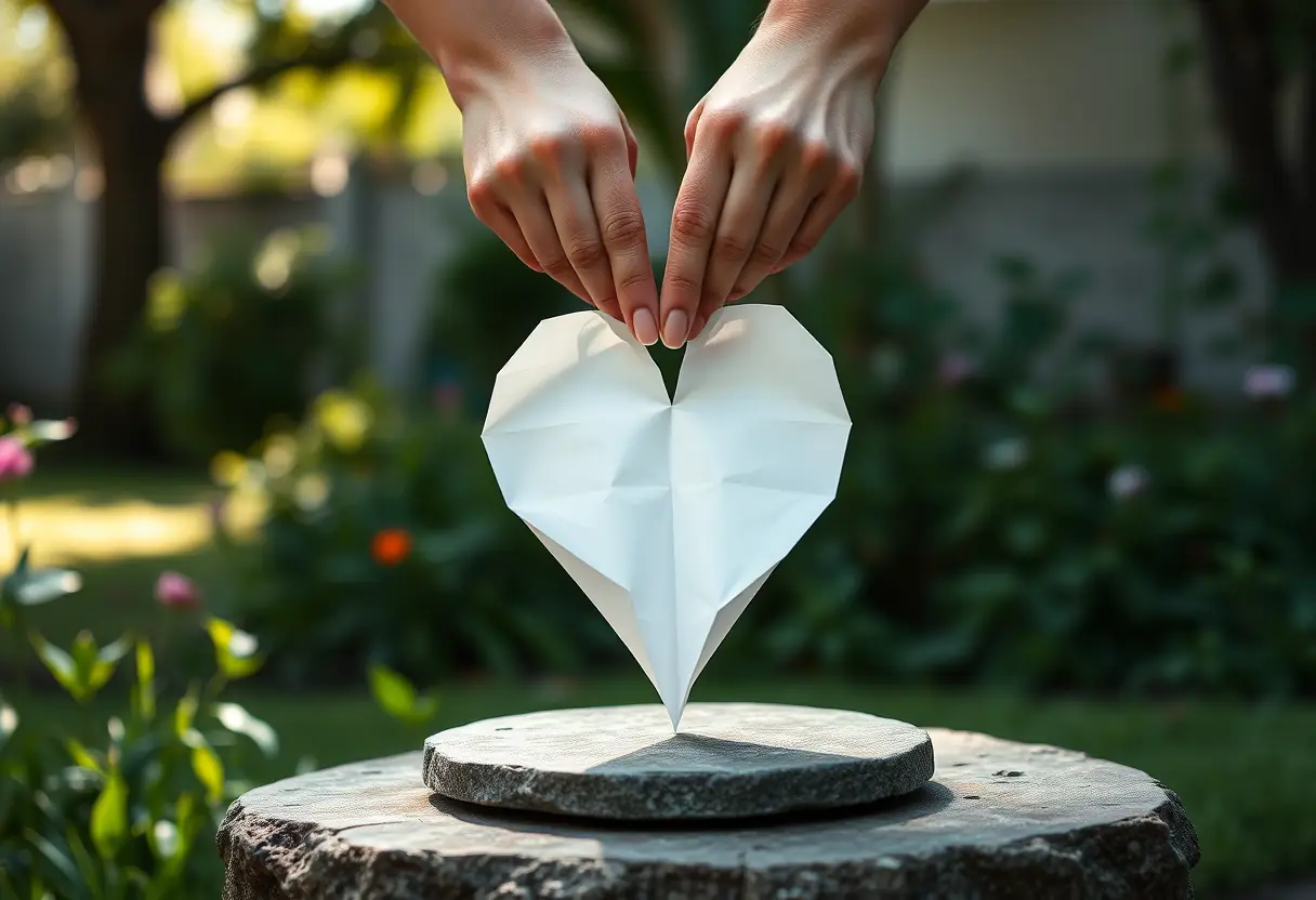 Des mains repliant un coeur en papier dans un jardin ombragé