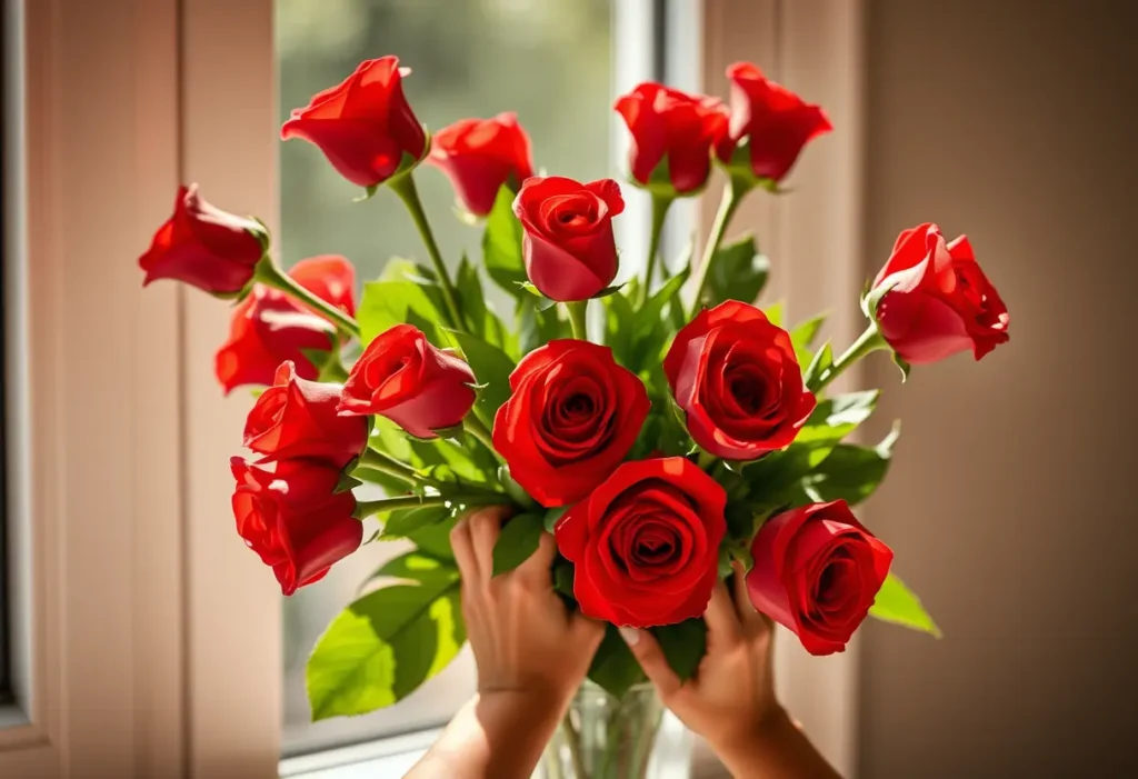 Des mains arrangeant un bouquet de roses rouges, sous la lumière naturelle