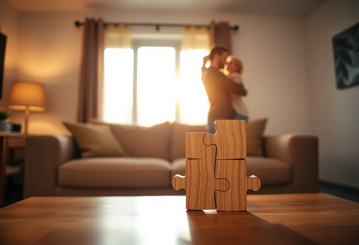 Un puzzle de bois représentant deux silhouettes s'enlaçant, sur une table basse