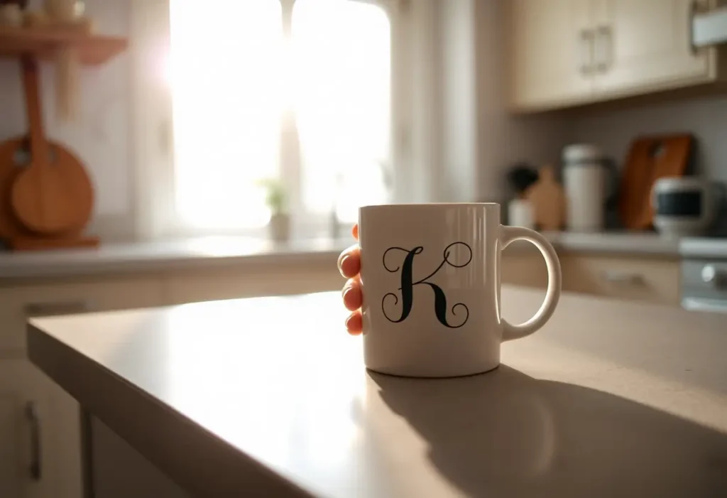 Une main tenant une tasse imprimée d'initiales sur un comptoir de cuisine, éclairée par la douce lumière du matin.