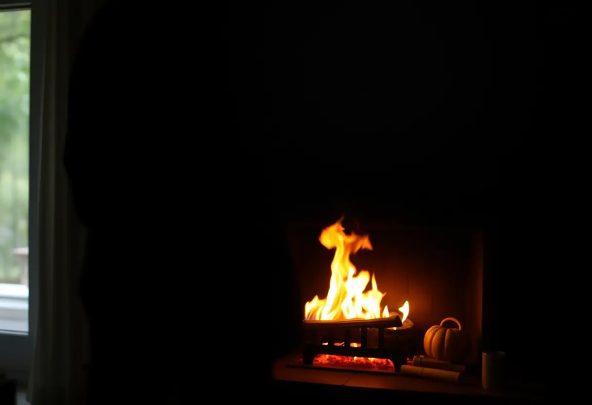 Une silhouette se tiendra près d'une cheminée accueillante, les flammes dansant doucement, évoquant la chaleur et l'unité.