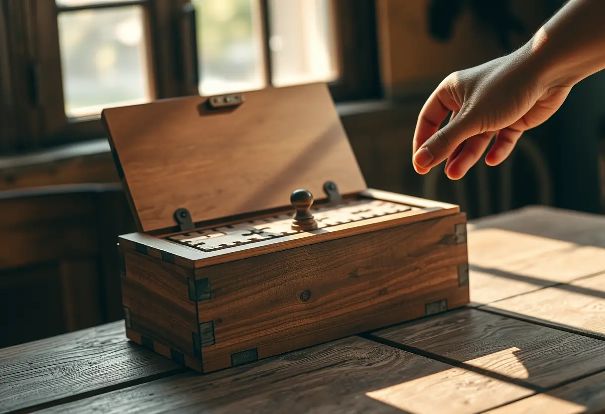 Boîte à puzzles en bois sur une table rustique