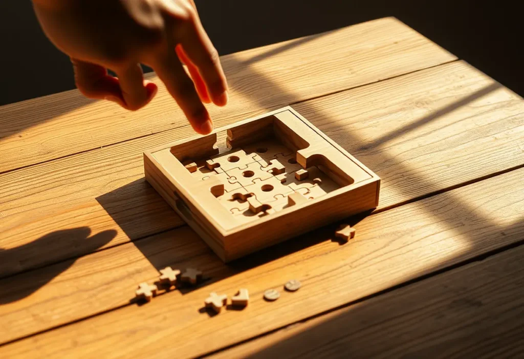 Une boîte à puzzles en bois sur une table, partiellement assemblée, symbolisant la résolution de mystères avec son copain.