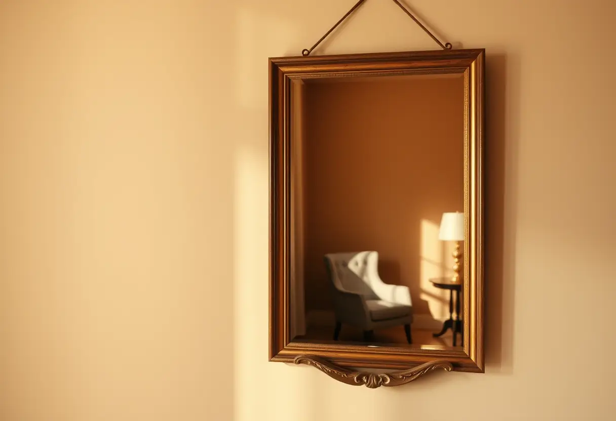 Un miroir encadré sur un mur, reflétant une ambiance chaleureuse et accueillante, symbolisant la complicité entre deux personnes.