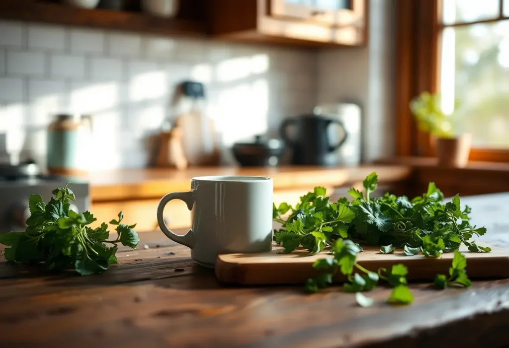 Une tasse de café sur un comptoir de cuisine rustique, aux côtés d'un plan de travail garni d'herbes fraîches