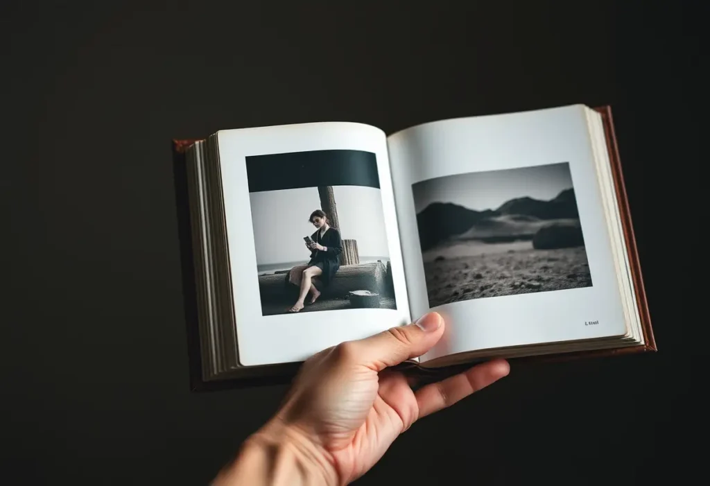 Un homme tient un album photo en cuir