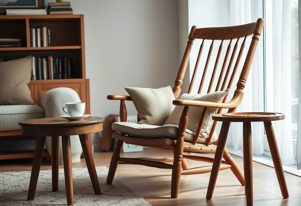 Une chaise en bois dans un salon accueillant, avec une tasse de thé sur une petite table