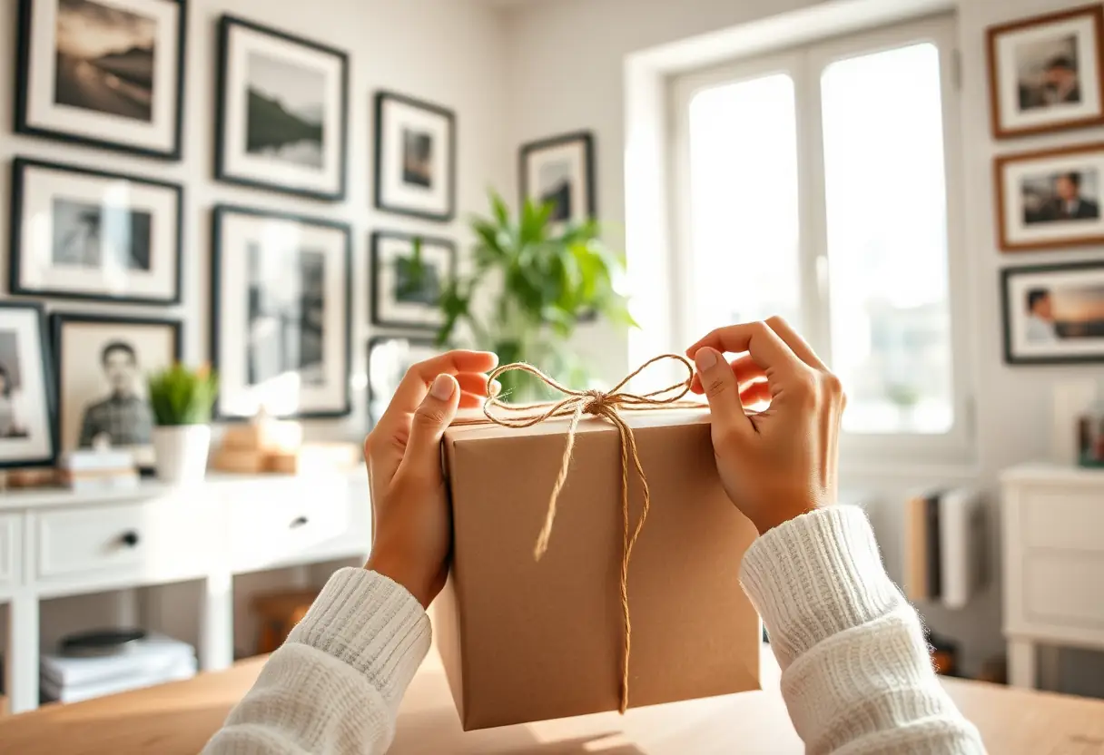 Des mains lient délicatement un paquet cadeau personnalisé avec du fil de lin dans un bureau baigné de lumière