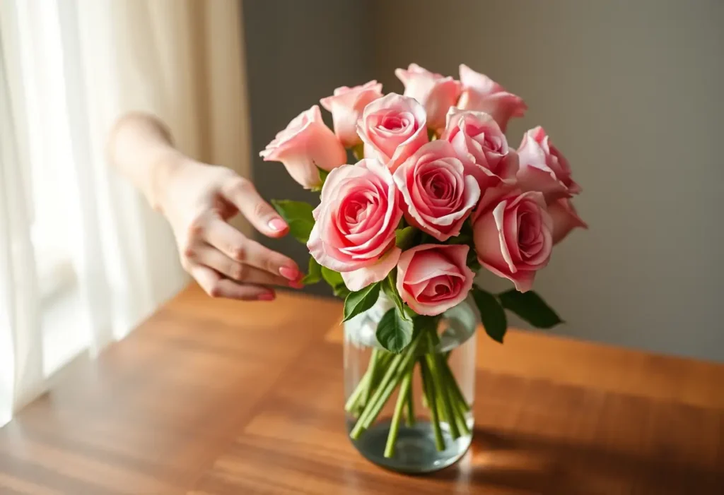 Une main arrange une bouque de roses dans un vase, lumière du matin
