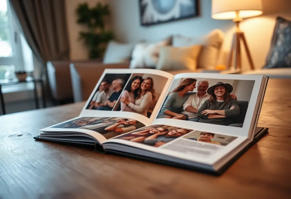 Un album photo sur une table basse, rempli de souvenirs heureux