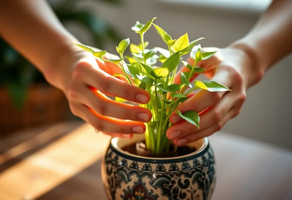 Des mains posent délicatement une plante dans un pot décoratif, éclairé par la lumière du matin