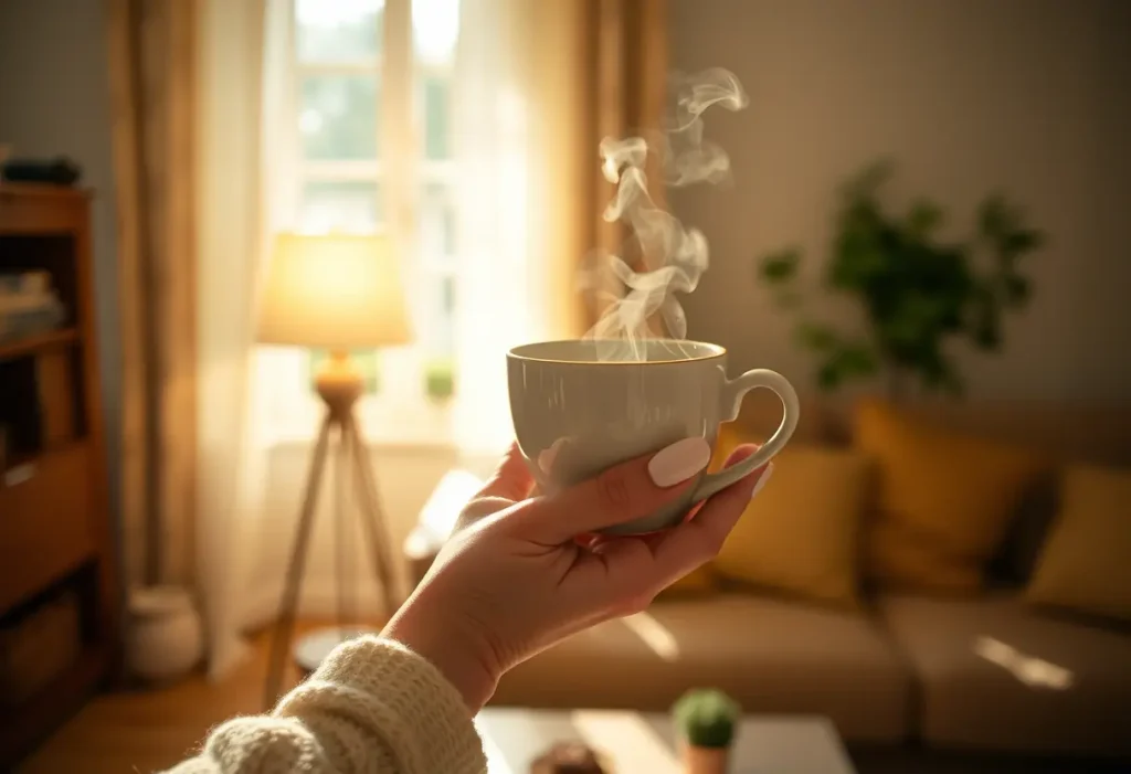 Une main féminine tenant une tasse de thé chaud dans une pièce accueillante, éclairée par la lumière tamisée