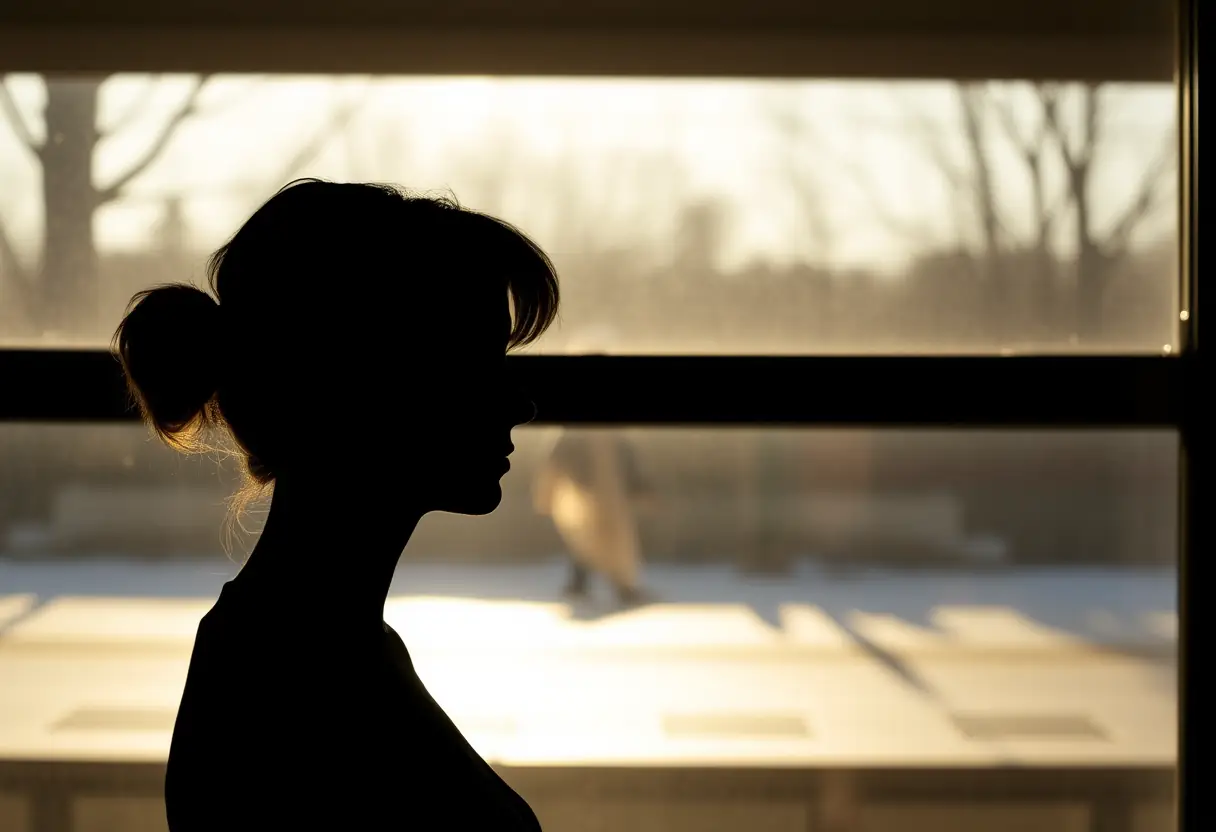 Une silhouette féminine debout près d’une fenêtre, sa réflexion floue dans la vitre, éclairée par la lumière matinale