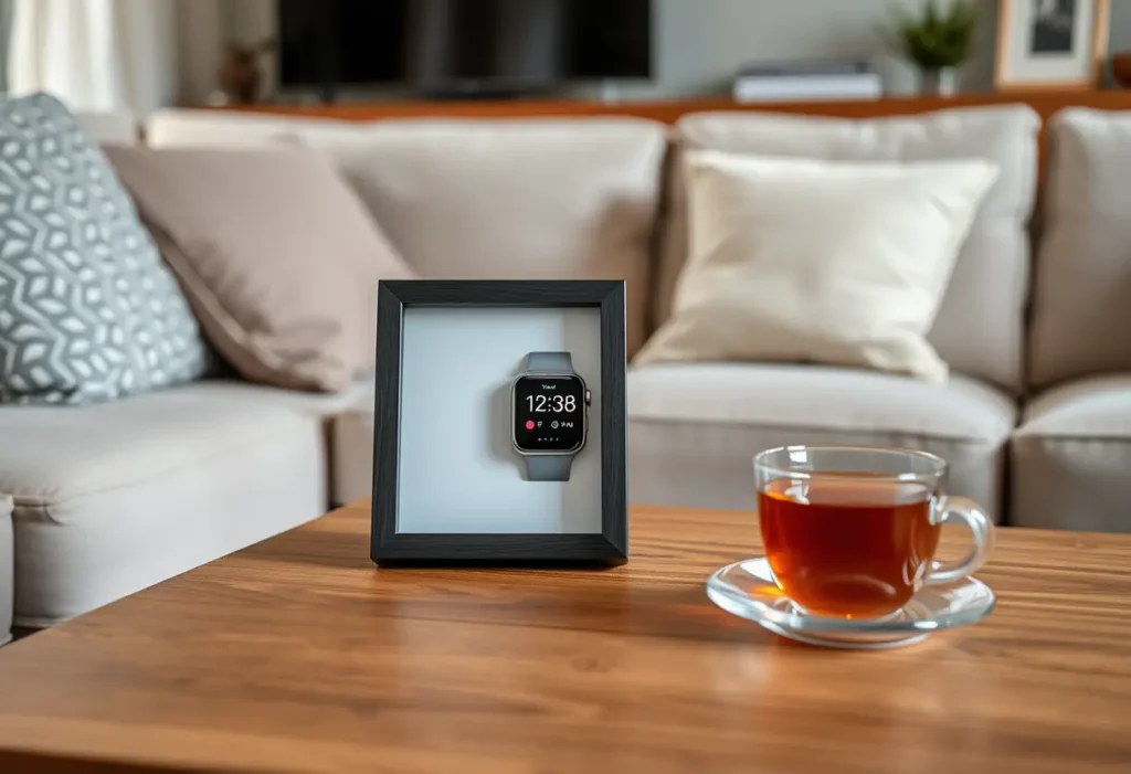 Montre connectée posée sur une table dans un salon chaleureux