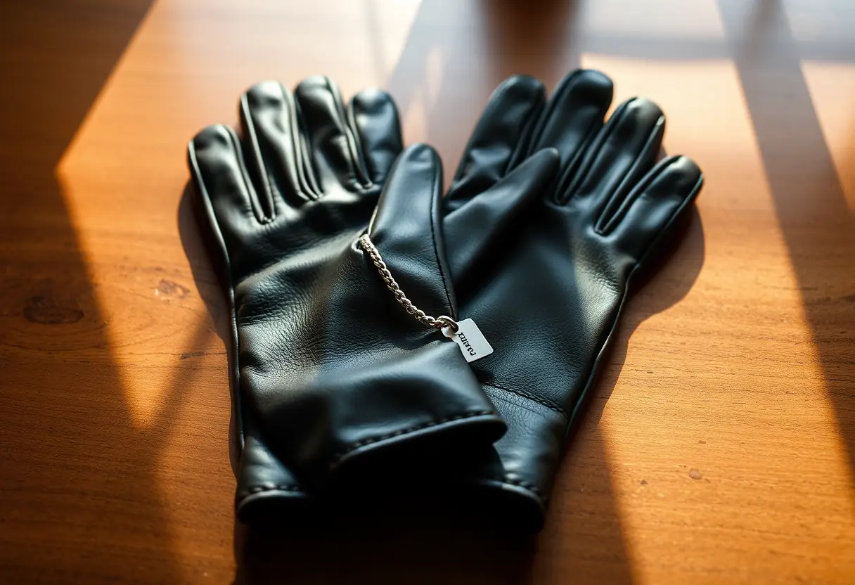 Une paire de gants en cuir sur une table, avec une étiquette personnalisée en argent