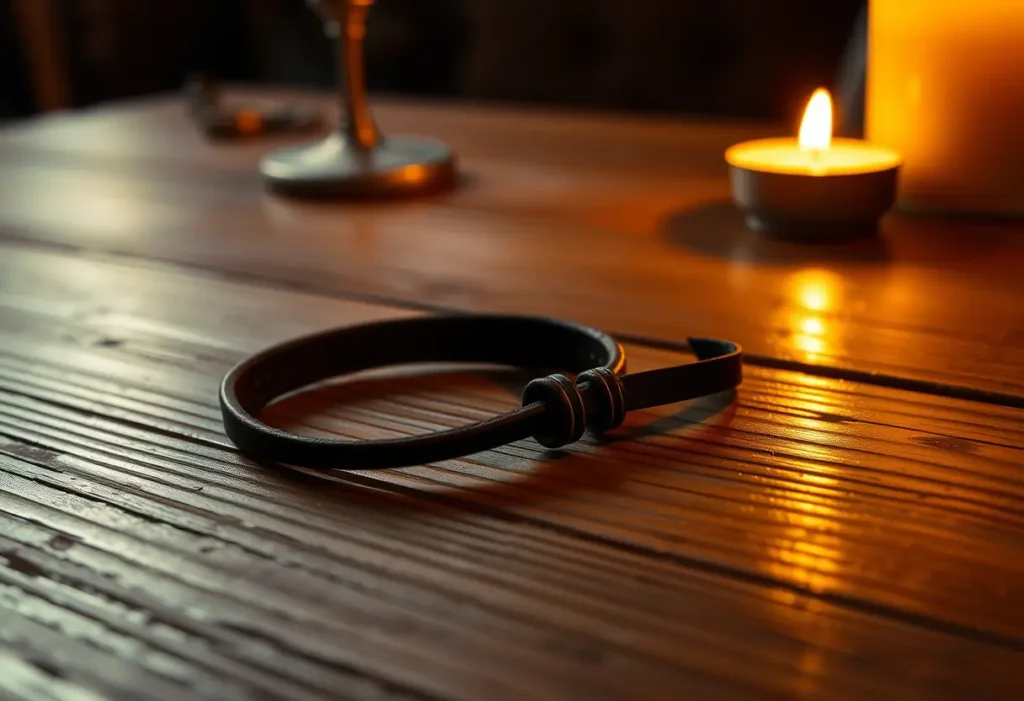 Un bracelet en cuir posé sur une table en bois, éclairé par des bougies