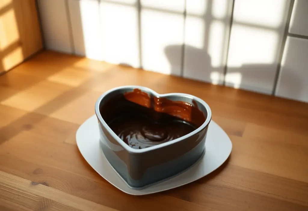 Un moule à cake en forme de cœur rempli de pâte au chocolat sur un plan de travail en bois