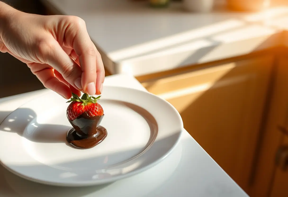 Une main tenant une fraise entière recouverte de chocolat fondu sur un plateau blanc