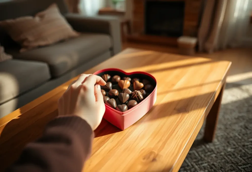 Une main féminine repose délicatement sur une boîte en forme de cœur pleine de chocolats, posée sur une table basse en bois dans un salon accueillant.