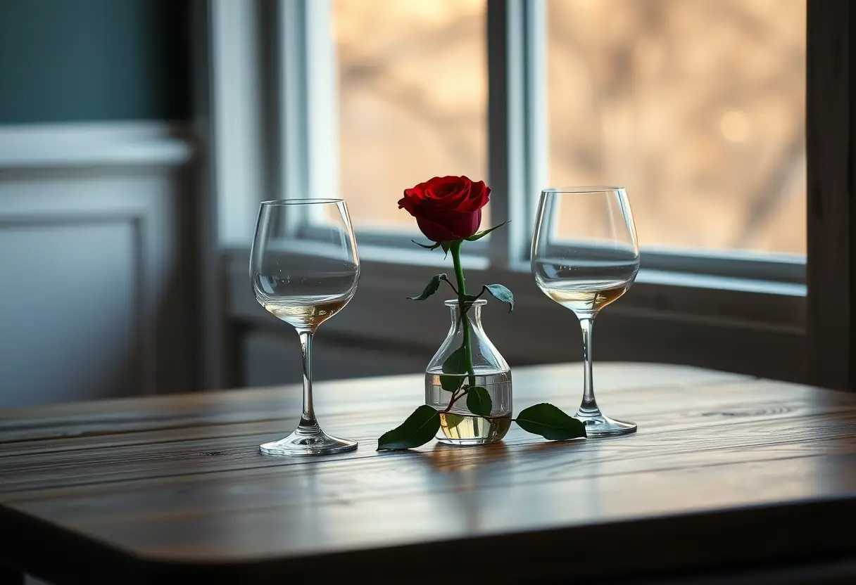 Une table en bois avec deux verres de vin et une seule rose rouge dans un vase sous la lumière du soir