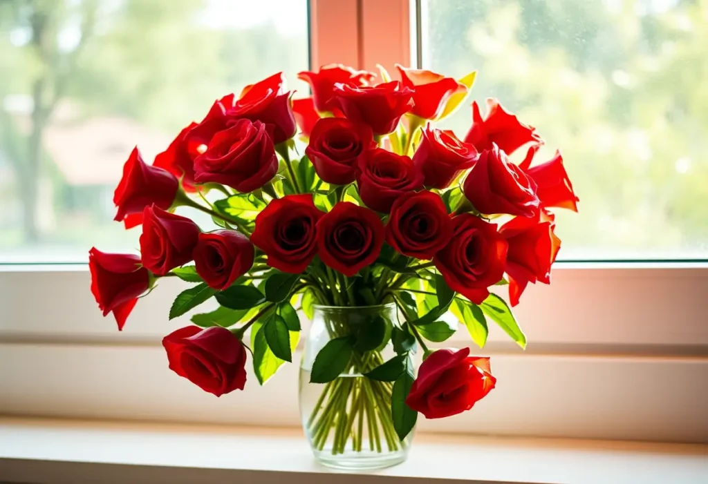 Un vase de roses rouges sur un rebord de fenêtre