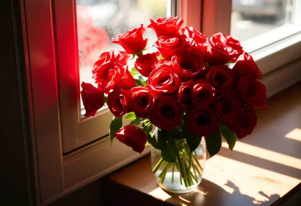 Un vase rempli de roses rouges sur un rebord de fenêtre baigné de lumière naturelle