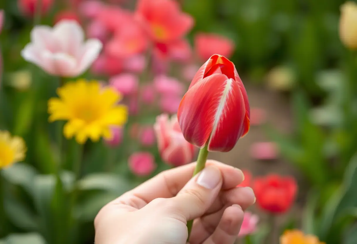 Une main tenant délicatement une tulipe rouge dans un jardin fleuri