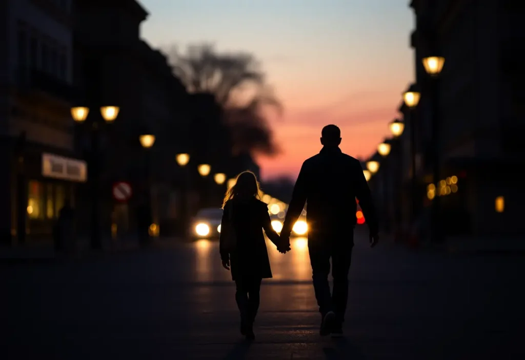 Deux personnes marchent main dans la main le soir de la Saint-Valentin dans une ville