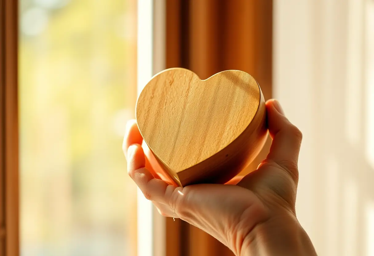 Une main tenant une boîte en bois sculptée au cœur, éclairée par la lumière du soleil