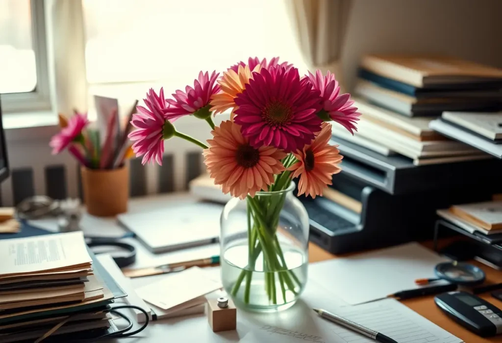 Mains arrangeant des fleurs dans un vase de verre clair