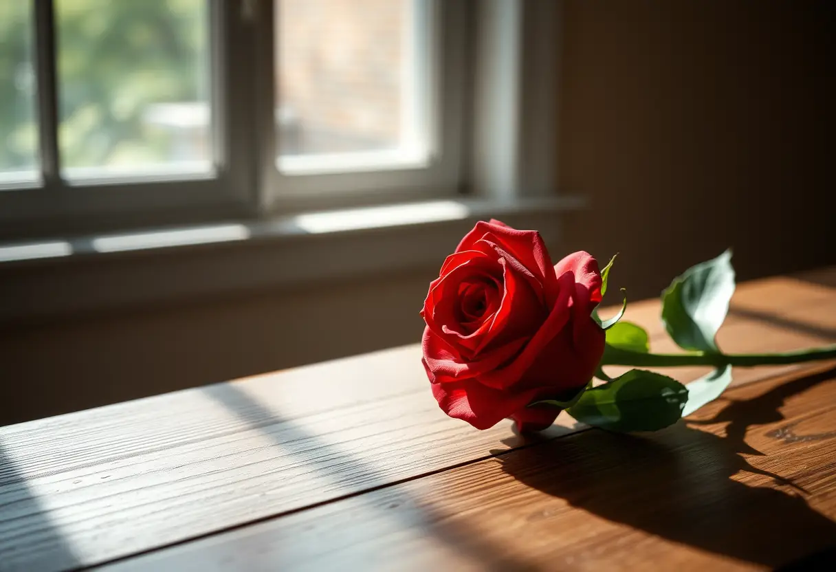 Une rose rouge posée sur une table en bois, évoquant la Saint-Valentin, sans texte, sans écriture, photographie éditoriale, lumière naturelle, photoréaliste.