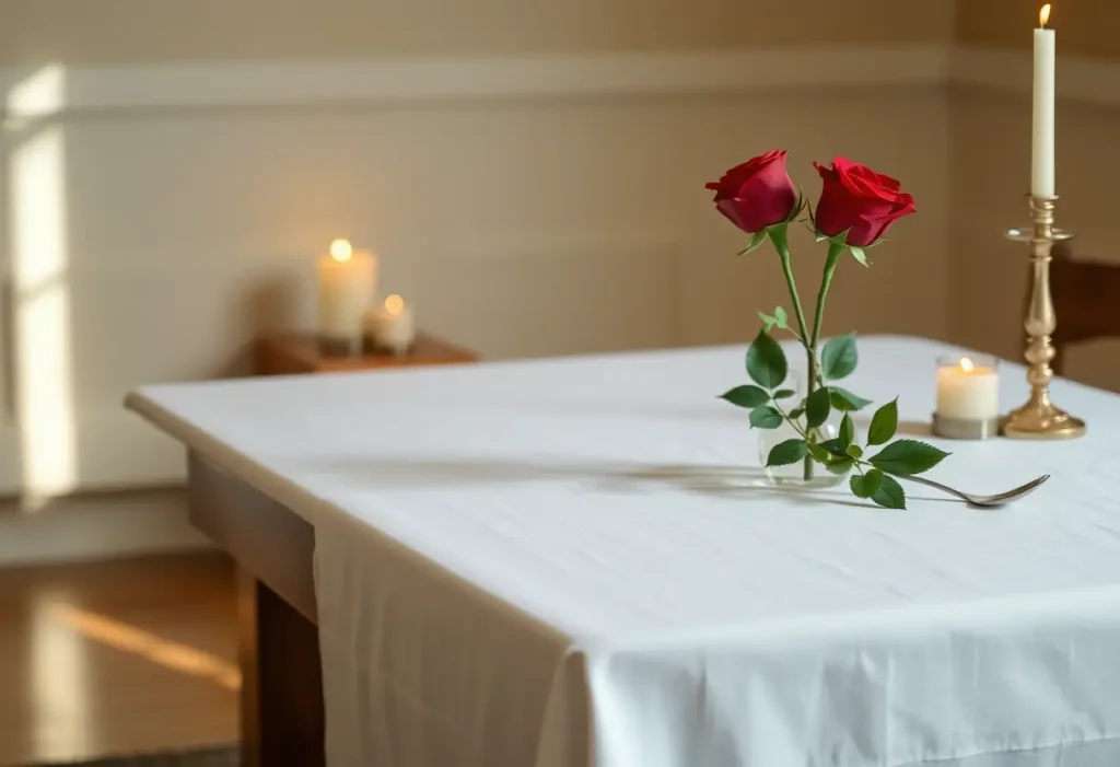 Un couvert romantique avec une rose rouge sur une table bien mise
