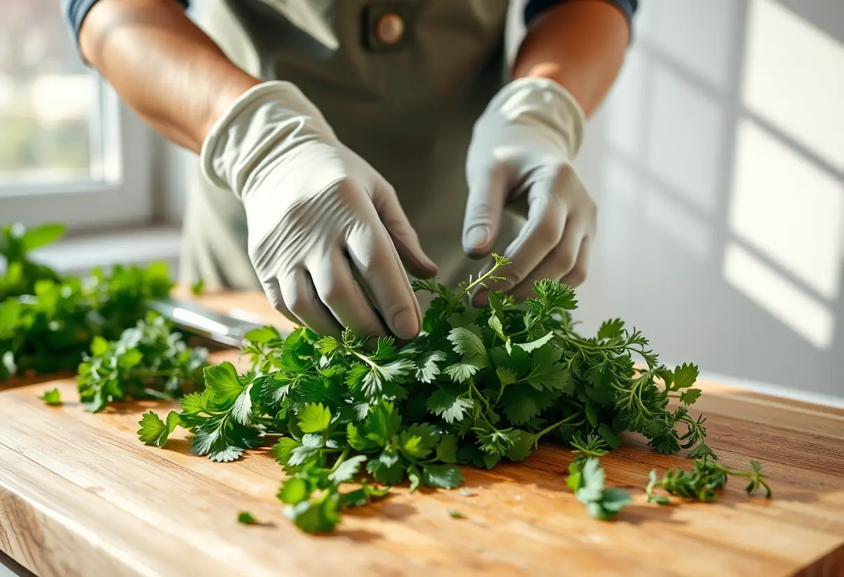 Des mains gantées disposant des herbes fraîches sur un plan de travail
