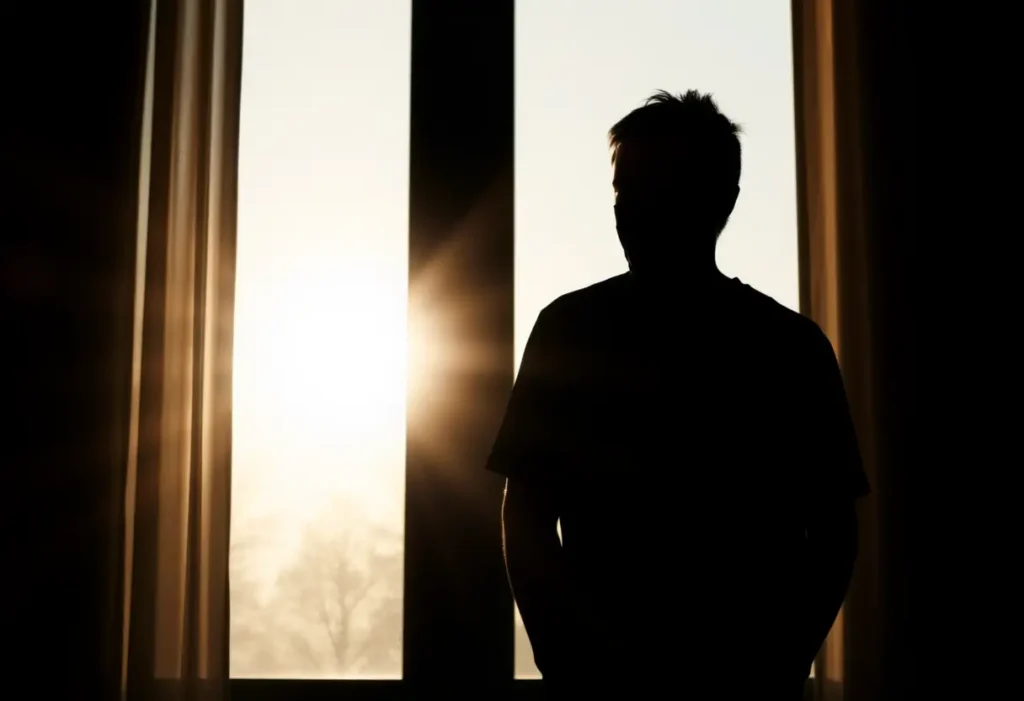 Un profil d'une personne debout près d'une fenêtre, la lumière du soleil entrant, soulignant l'importance de la connexion