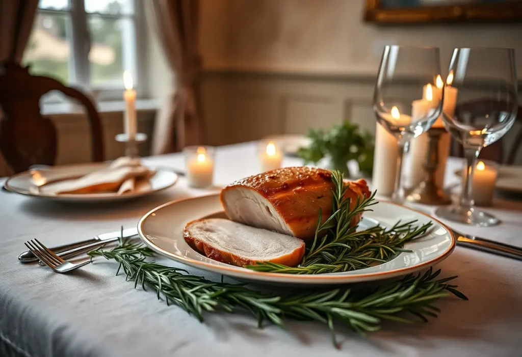 Un couvert pour deux personnes avec un magret de canard sur une assiette dans une salle à manger chaleureusement éclairée par des bougies