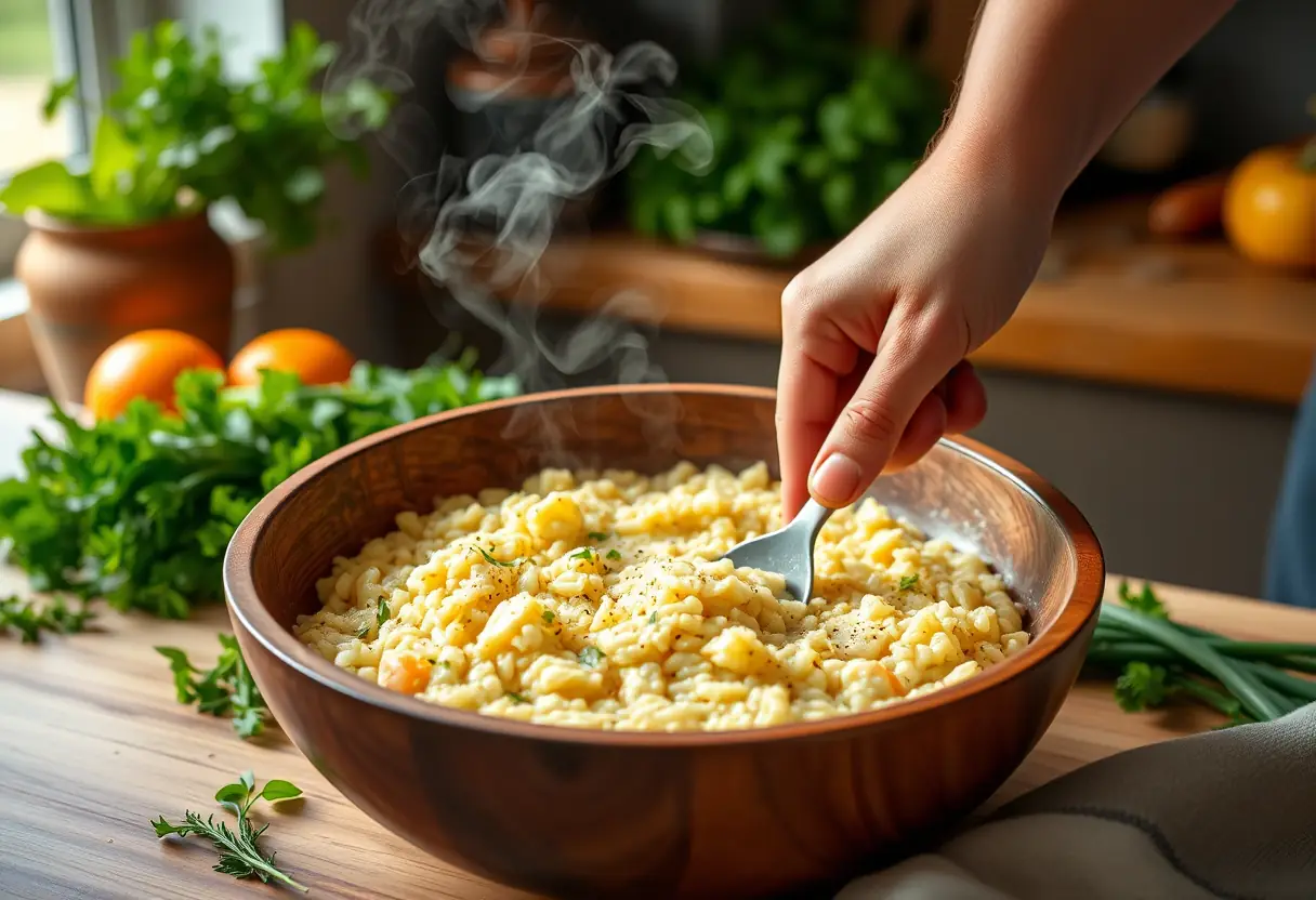 Une main qui remue délicatement un risotto dans un bol en bois, avec un fond d'herbes et de légumes verts dans une cuisine moderne