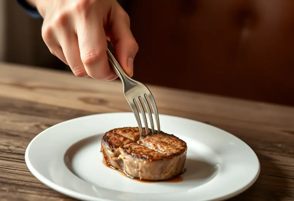 Une main tenant une fourchette et un couteau près d'un filet de bœuf