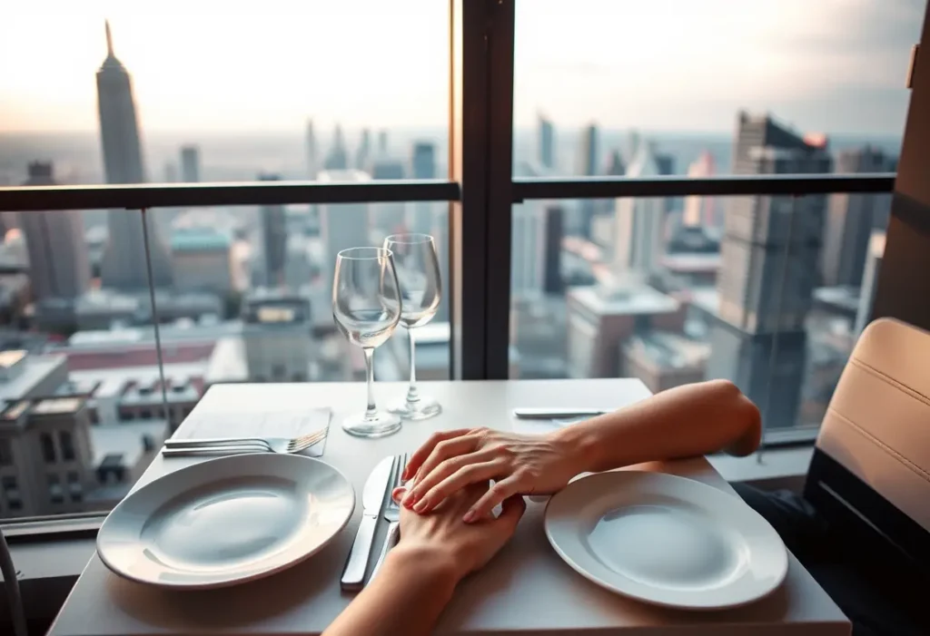 Main dans la main sur un balcon avec vue sur la ville